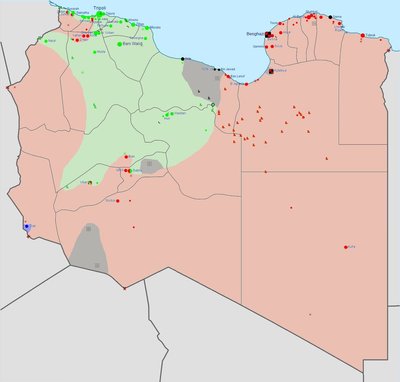 Liibüa kodusõjas on Islamiriigi käes kolm ala (tumehalliga)