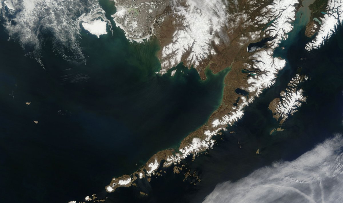Aleuudi saared ja Alaska poolsaar (Foto: Wikimedia Commons / NASA satelliidifoto)