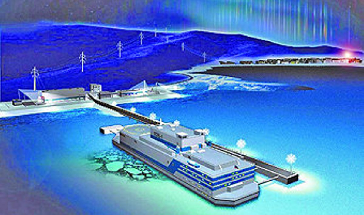Ujuv tuumajaam projekteerijate kujutluses Põhja-Jäämere sadamas elektrit tootmas.
