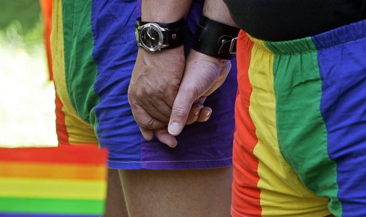 Participants of the Gay Pride attend a march in a closed park in center of  Riga 03 June 2007. Several hundred Latvian gays and lesbians staged the country's third Gay Pride rally under tight security aimed at preventing protests that marred previous events.  AFP PHOTO / JANEK SKARZYNSKI