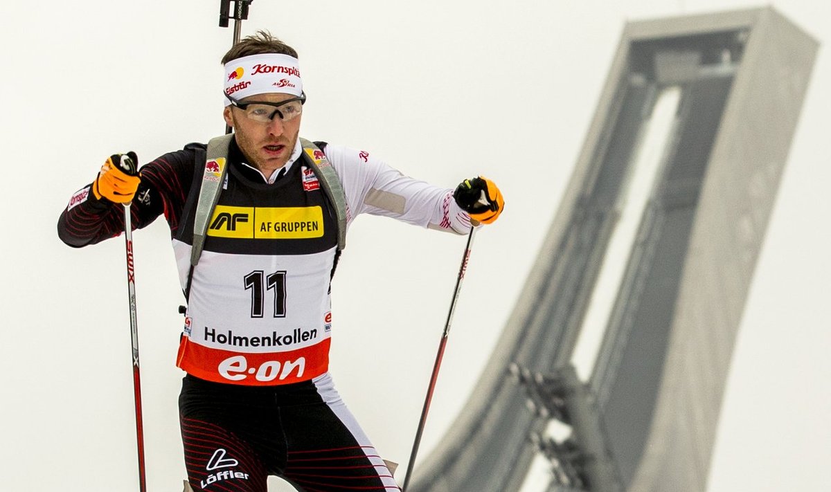 Simon Eder from Austria competes in the IBU Biathlon World Cup men's 10 km sprint at the Holmenkollen Ski Arena in Oslo