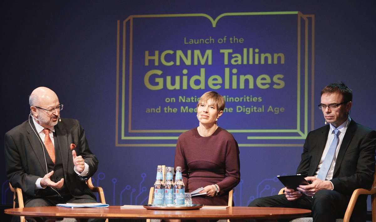 OSCE vähemusrahvuste ülemvolinik Lamberto Zannier, president Kersti Kaljulaid ja välisminister Sven Mikser