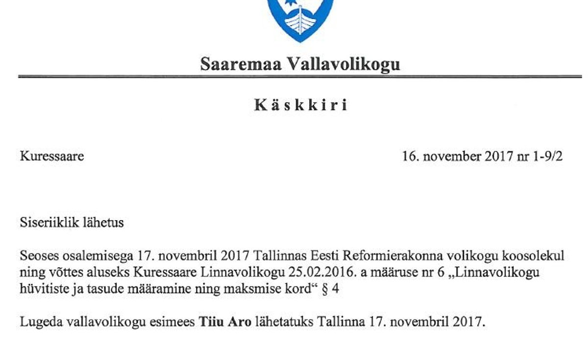 Käskkiri, millega Tiiu Aro ennast ise Tallinna Reformierakonna volikogu koosolekule lähetas.