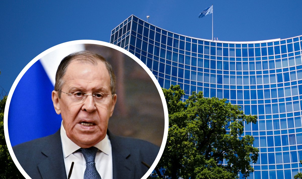 Venemaale vastu hakanud diplomaadi Boriss Bondarevi kaugem ülemus, Vene välisminister Sergei Lavrov, taustal ÜRO hoone Genfis.