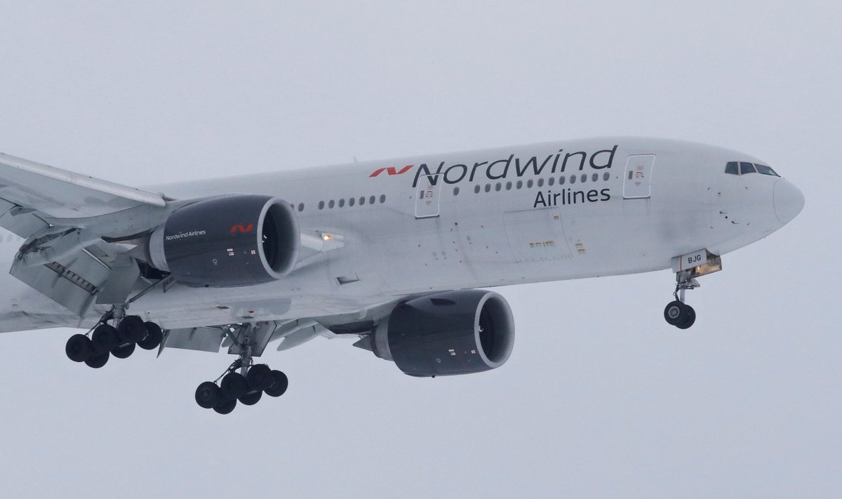 A Boeing 777 plane owned by Russia's Nordwind Airlines lands outside Moscow