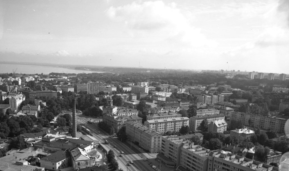 Vaade Olümpia hotellist 1991. aastal Kingissepa/Liivalaia tänavale. Vasakul asuva paberivabriku hoonete asemele kerkib viis aastat hiljem Stockmanni kaubamaja. Arhitektuurimuuseumi kogust.