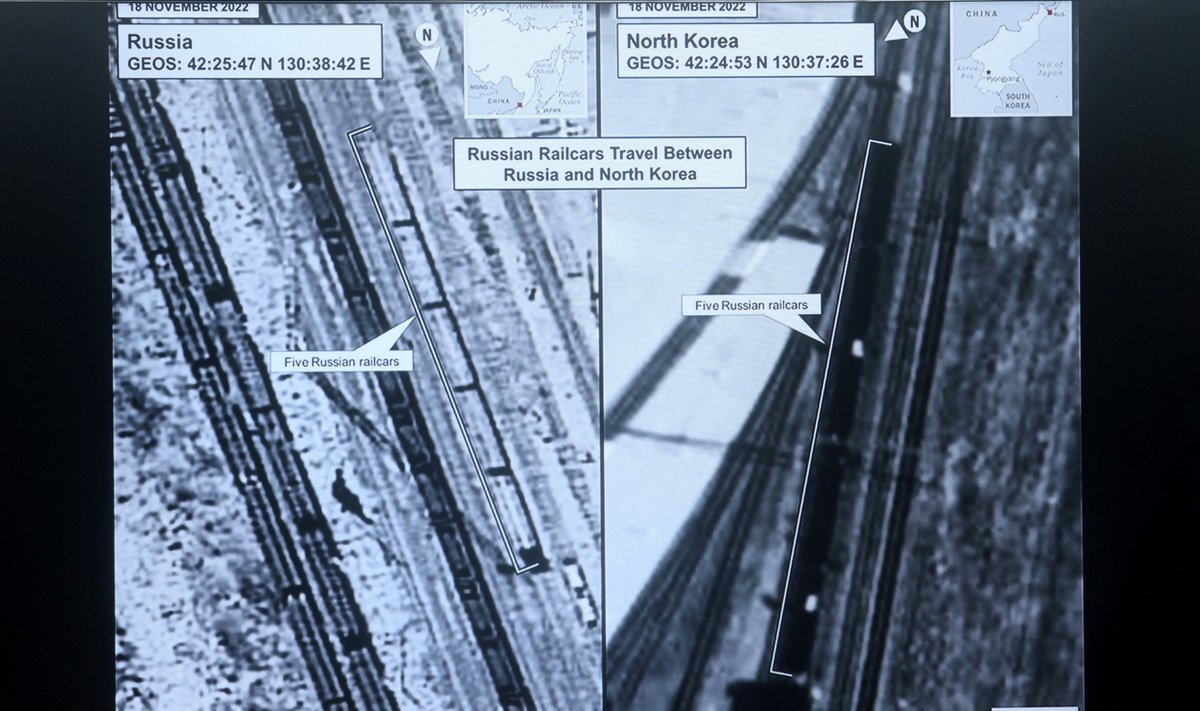 SALAJANE RELVATEHING: Valge Maja avaldas satelliidipildid viiest vagunist, millega Põhja-Koreast Wagneri erasõjakompanii jaoks mõeldud relvastust transporditi. 