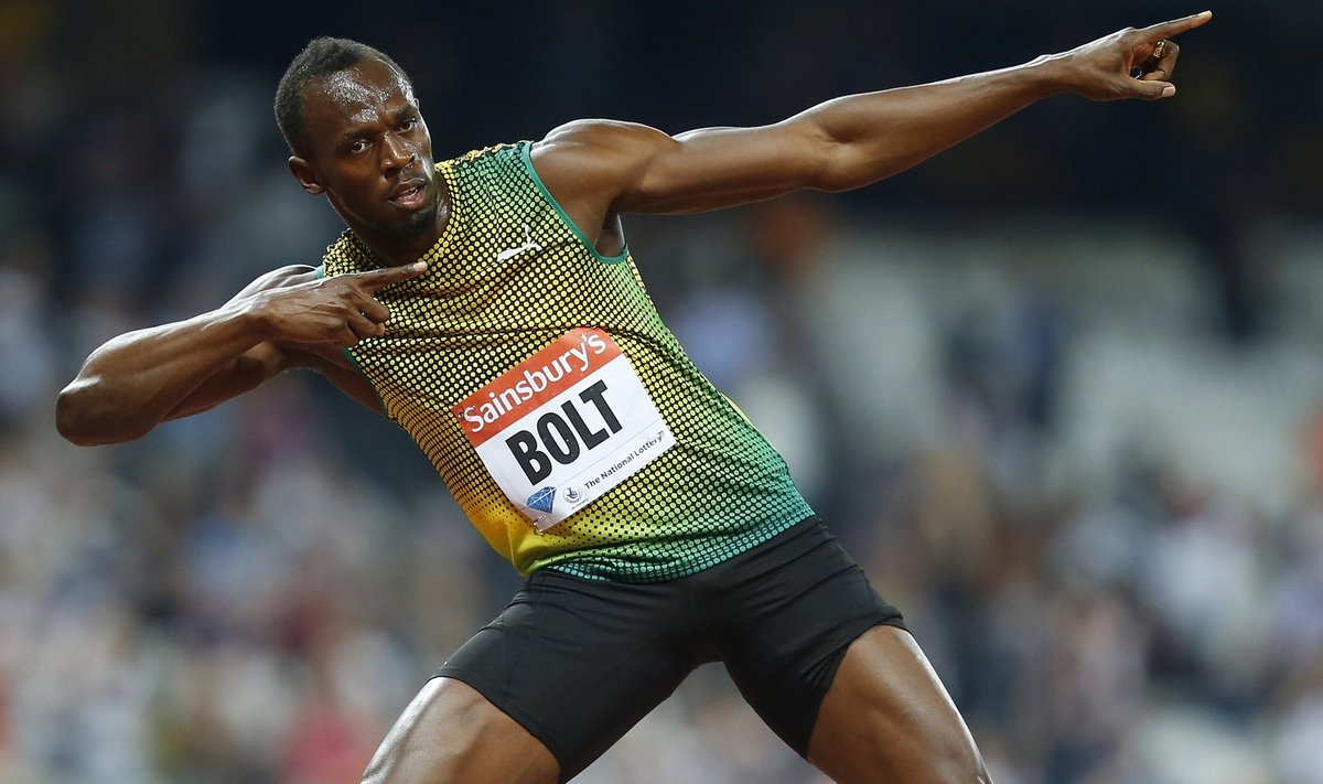 Usain Bolt of Jamaica gestures after winning the men's 100m race during the London Diamond League 'Anniversary Games' athletics meeting at the Olympic Stadium, in east London