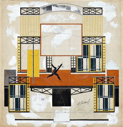 OLEKSANDR KHVOSTENKO-KHVOSTOV (1895–1967): Stage design for the play Mob, adapted from Upton Sinclair’s novel They Call Me Carpenter. Ivan Franko Theatre, Kharkiv, 1924. Gouache and Indian ink on paper.