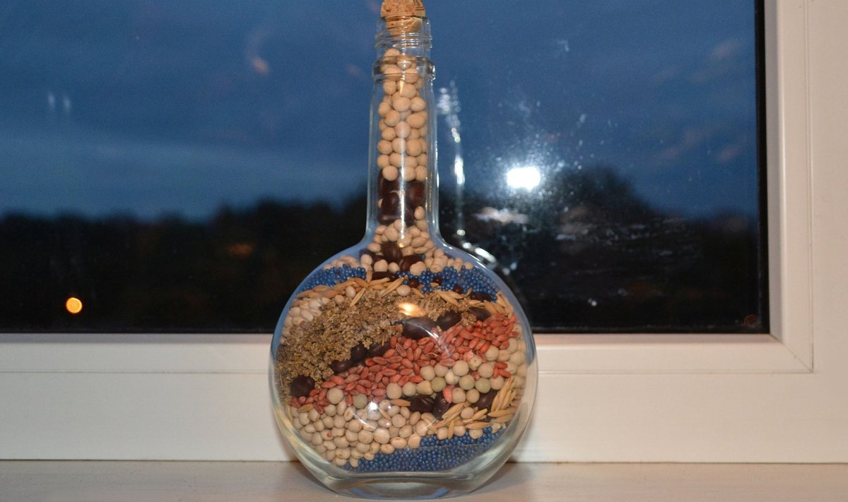 Eri suuruse ja värvusega seemned moodustavad pudelis mustreid.