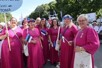 Mitte kõik linased kleidid ei ole peol valged: siin on esindatud ka särtsakad roosad, uhkete krae-tikanditega.