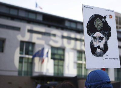 Enim pahameelt äratanud Westergaardi illustratsioon 2015. aastal protestil Berliinis.