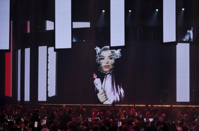 Bjork accepts her international female artist on a screen at the BRIT Awards in the O2 arena in London