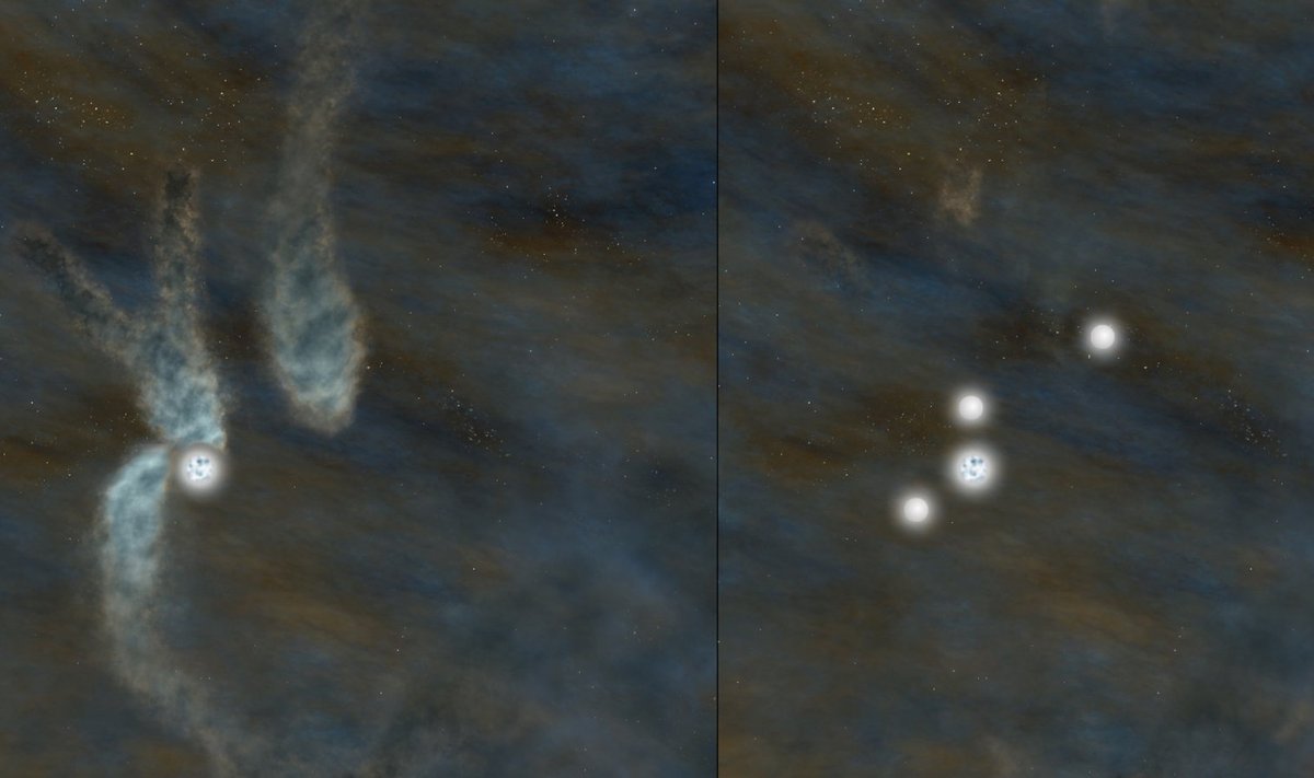 Kunstniku joonis mitmik-tähesüsteemi sünnist. Vasakul on näha gaasi- ja tolmupilve tihenemist, paremal juba tähtedeks kujunenud süsteemi. (Foto: B. Saxton (NRAO / AUI / NSF))