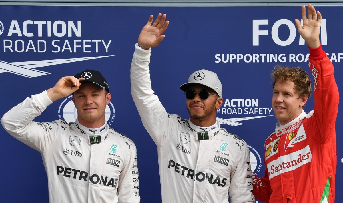 Nico Rosberg, Lewis Hamilton ja Sebastian Vettel mullu pärast Itaalia GP kvalifikatsiooni.