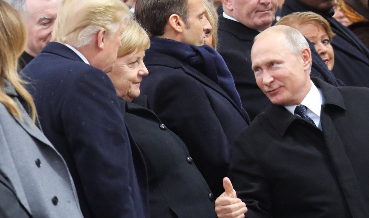 USA president Donald Trump, Saksa kantsler Angela Merkel, Prantsuse president Emmanuel Macron ja Venemaa riigipea Vladimir Putin eilsel tseremoonial