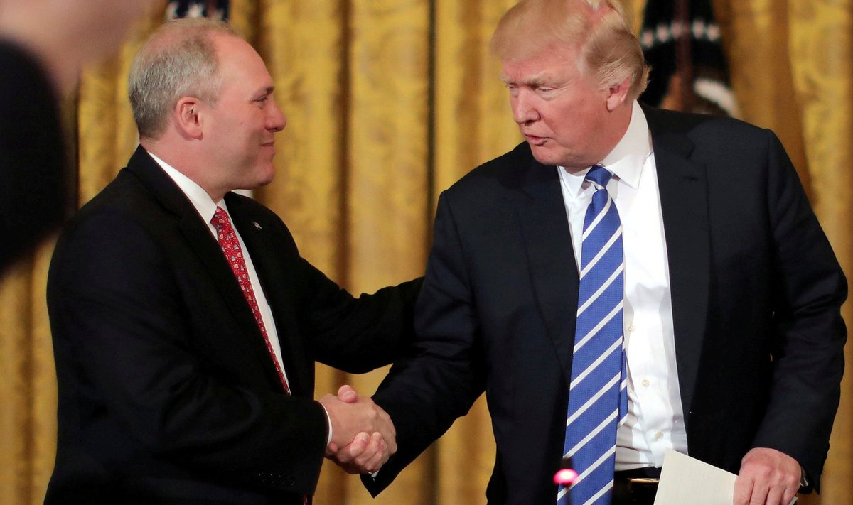 FILE PHOTO - U.S. President Trump shakes hands with Scalise at meeting with U.S. House Deputy Whip team at White House in Washington