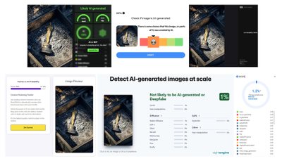 Скриншоты результатов анализа. Сверху (слева направо) — Ai Or Not, Was It AI и Illuminarty, снизу (слева направо) — BrandWell, Sightengine и Hive