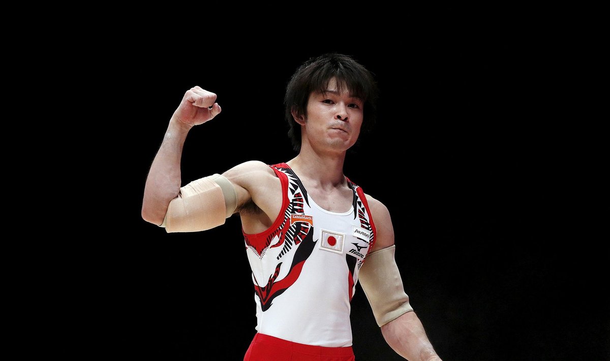 Japan's Uchimura reacts during the men's team final at the World Gymnastics Championships at the Hydro arena in Glasgow