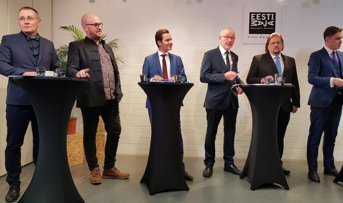 Eesti erakondade debatis osalejaid Helsingis: vasakult Tõnis Lukas, Artur Talvik, Nikolai Degtjarenko, Kaul Nurm, Rudolf Jeeser ja Taavi Rõivas.