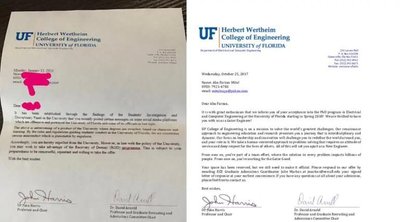 Сравнение фальшивого (слева) и оригинального письма (справа) из Университета Флориды