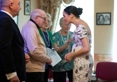 Meghan, The Duchess of Sussex, greets Reg Brigden as she visits the Royal Variety Charity's residential nursing and care home Brinsworth House, in West London