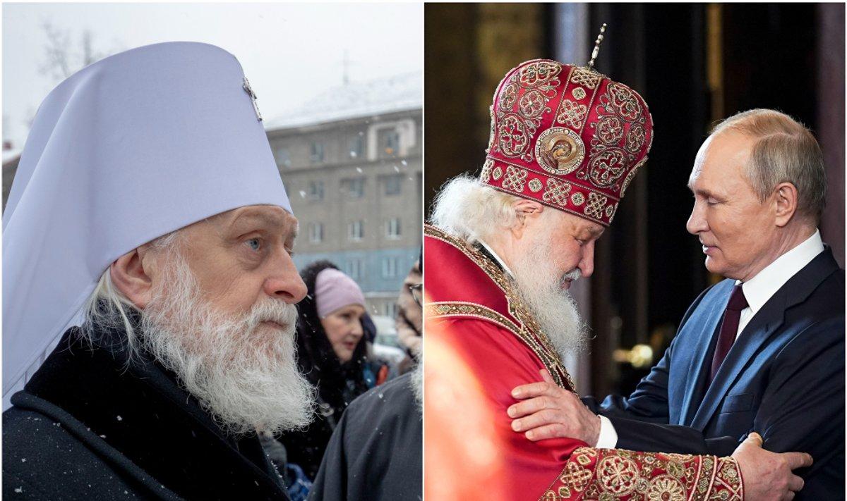 Справа - патриарх Кирилл и Путин, слева - митрополит Евгений