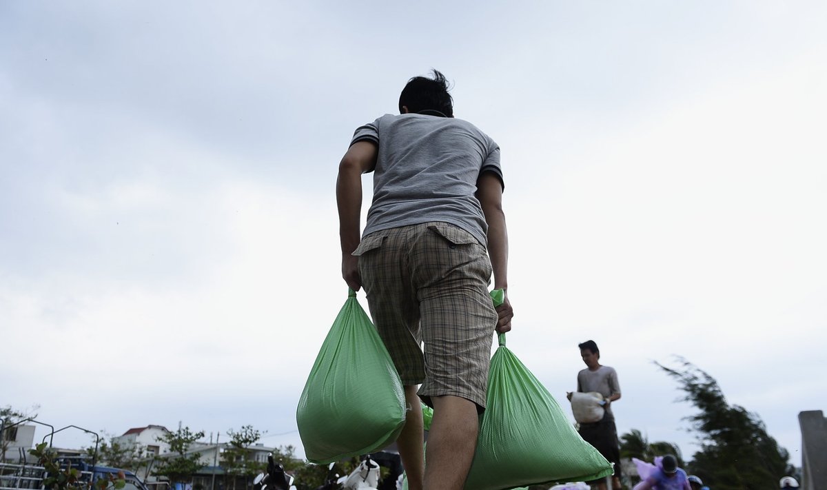 A resident collects sandbags to protect houses against Typhoon Haiyan in central Da Nang