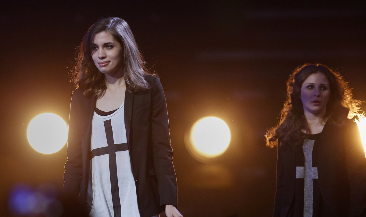 Pussy Riot members Tolokonnikova and Alyokhina are pictured during the Amnesty International Bringing Human Rights Home concert in New York