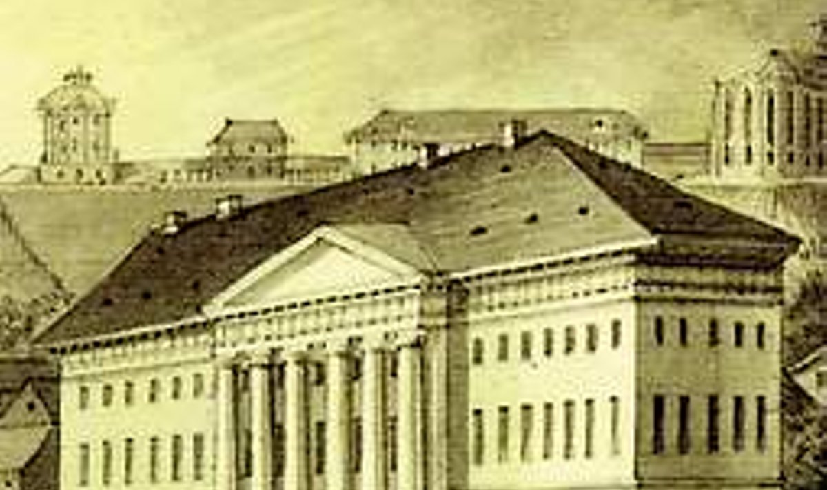 Krause tähtteosed: Tartu Ülikooli peahoone, taamal vasakul vana anatoomikum. J. W. Krause “Kuldne unistus”, 1812. REPRO