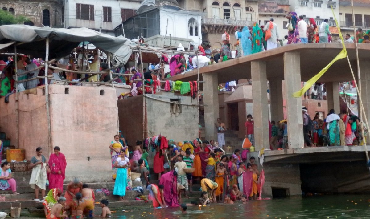 Varahommik Varanasis Gangese kaldal: jõe äärde on kogunetud ennast ja pesu pesema.
