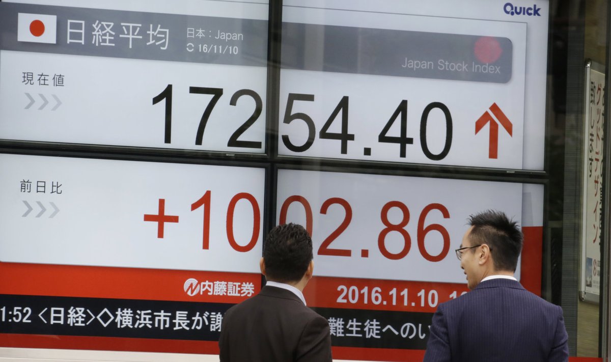 Jaapanlased Tokios aktsiaturu liikumisi näitava ekraani ees.