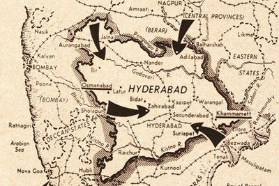 1948. aasta India vägede sissetung Hyderabadi aladele. Kaart: faqoverflow.com