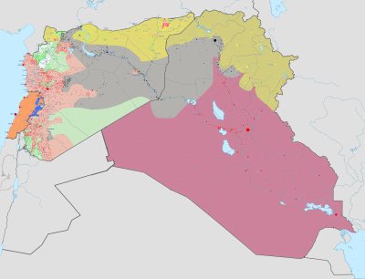 Islamiriigi kontrollitav ala Iraagis, Süürias ja Liibanonis (halliga)