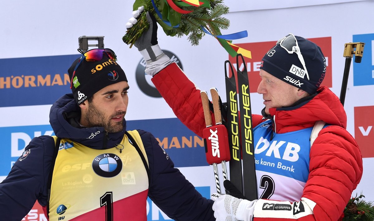 Norralase Johannes Thingnes Bø (paremal) ja prantslase Martin Fourcade’i duellist peaks saama üks olümpia suuremaid maiuspalu.