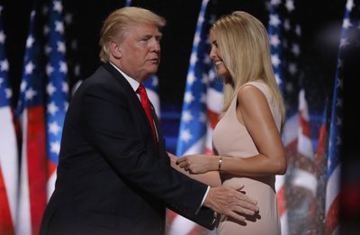 Republican U.S. presidential nominee Donald Trump greets his daughter Ivanka as he arrives to speak during the final session  at the Republican National Convention in Cleveland