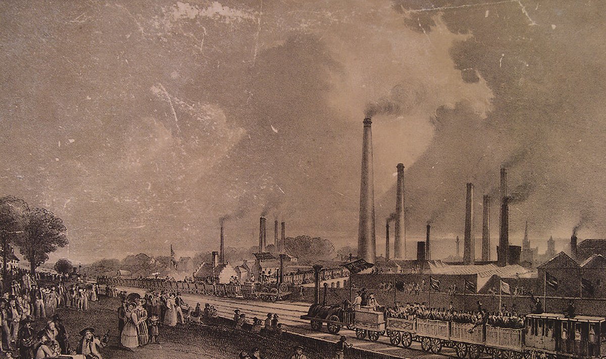 Korstnad tossavad, rong sõidab. Repro 1831. aasta maalist,  millel kujutatakse St. Rolloxi keemiatööstust ja Glasgow-Glenkirki raudtee avamist.  