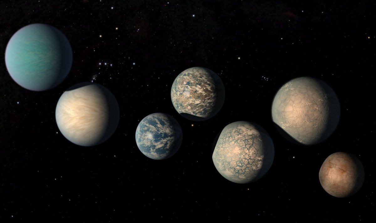 Kunstniku nägemus tähe TRAPPIST-1 ümber tiirlemas avastatud seitsmest Maa-sarnasest planeedist