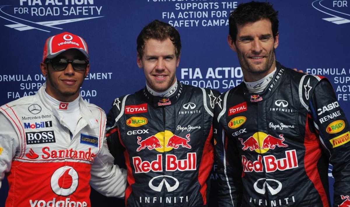 Bahreini GP kvalifikatsiooni esikolmik: (vasakult) Hamilton, Vettel, Webber
