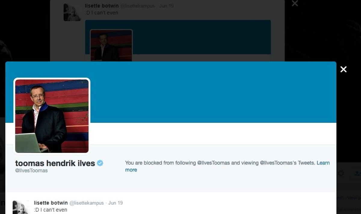 Toomas Hendrik Ilves pani Lisette Kampusele Twitteris bloki peale. 