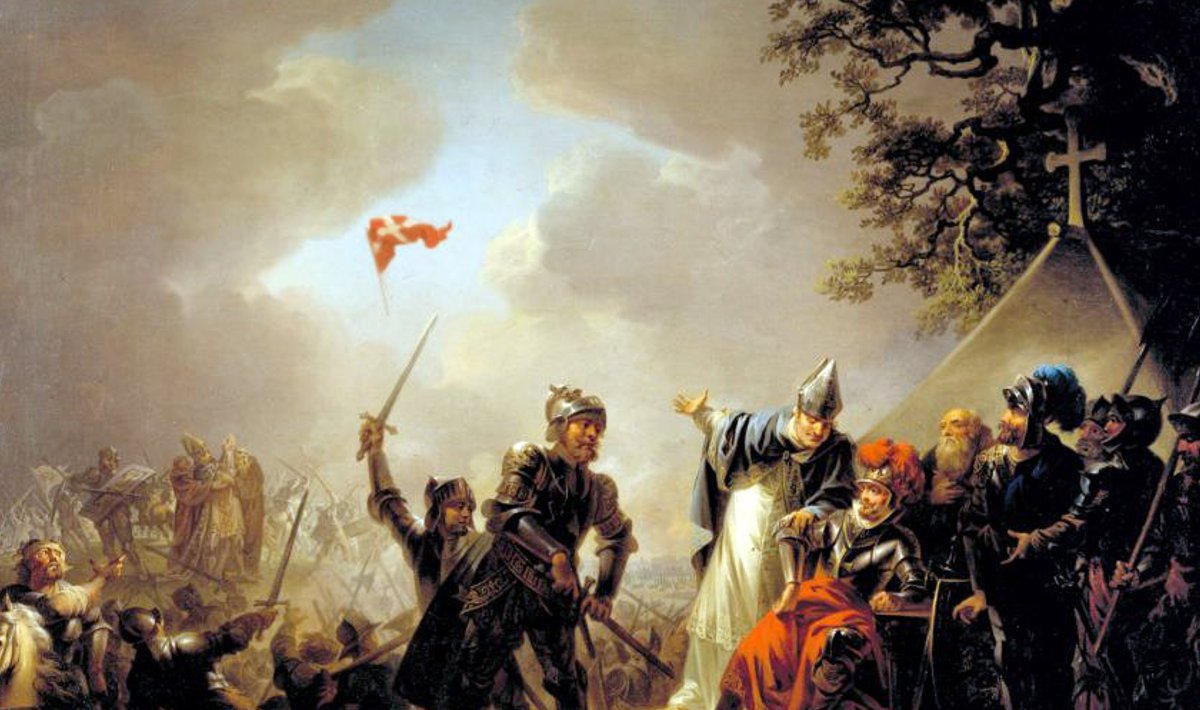 Taanlased mäletavad meie ajaloost eriti seda sündmust: Dannebrogi ehk Taani lipu ilmumine Lindanise lahingus (1219). Taani kunstniku Christian August Lorentzeni maalil.