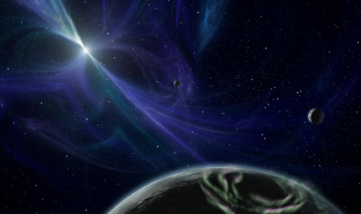 NASA kunstniku ettekujutus pulsarist PSR B1257+12 koos planeetidega.