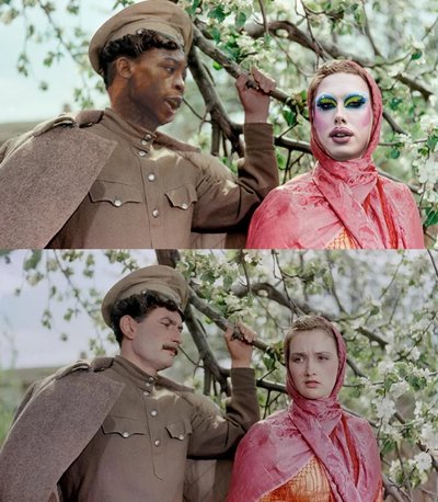 Коллаж «Царьграда» (сверху) и колоризированное отзеркаленное фото со съёмок фильма «Тихий Дон» (1957) (снизу)