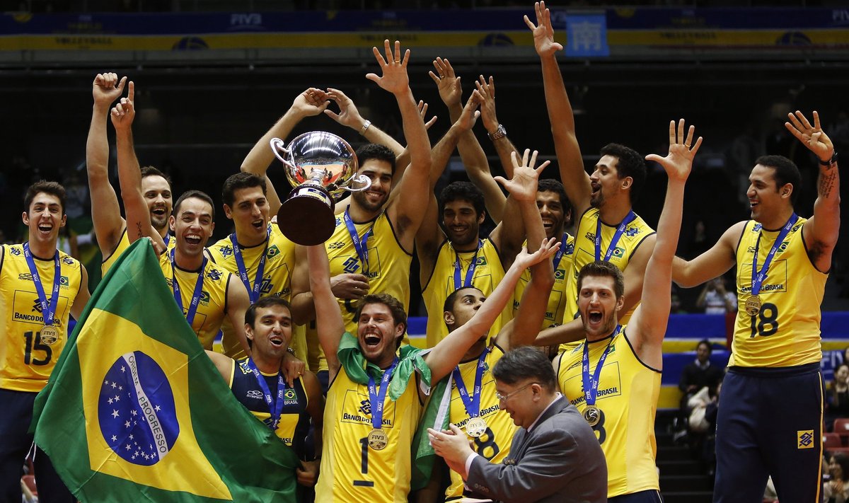 Brazilian volleyball players celebrate winning the World Grand Champions Cup during the awards ceremony on the final day of their FIVB Men's Volleyball World Grand Champions Cup in Tokyo