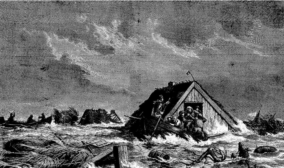 Mitme Taani saare elanikud püüdsid end päästa, seilates üleujutuse tõttu lagunenud hoonete katustel (foto: Wikimedia Commons)