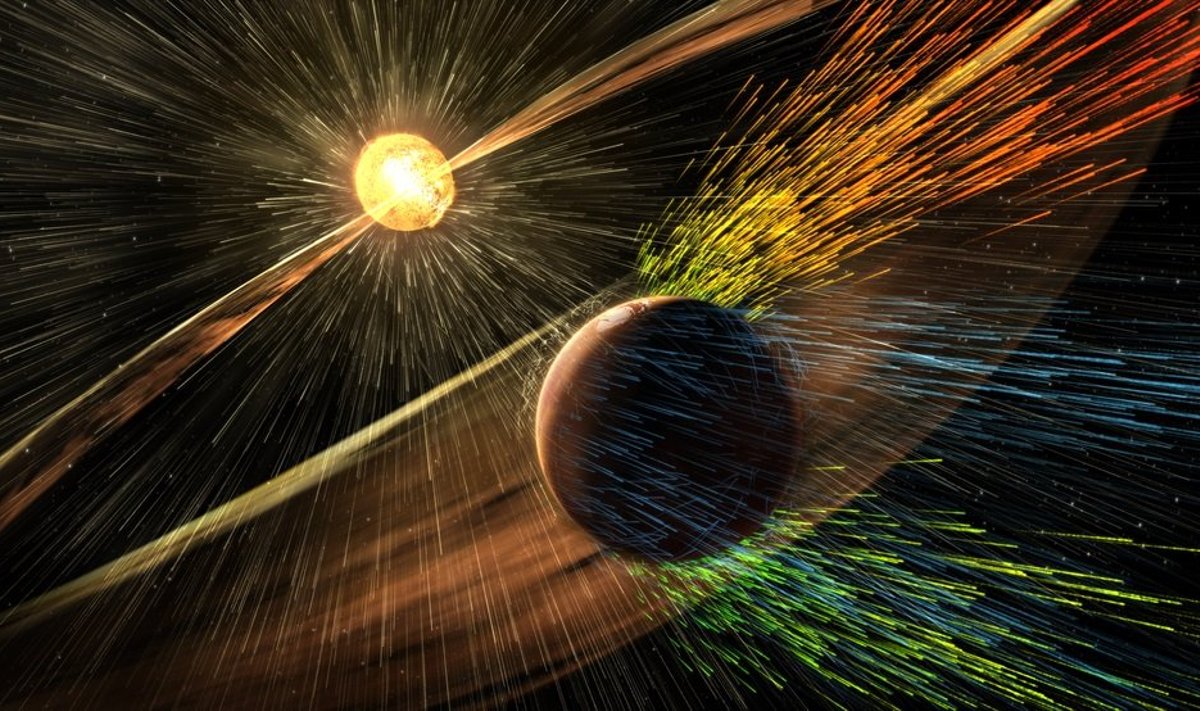 Marsi atmosfääri laastavad osakesed kunstniku nägemuses. (Foto: NASA/GSFC)