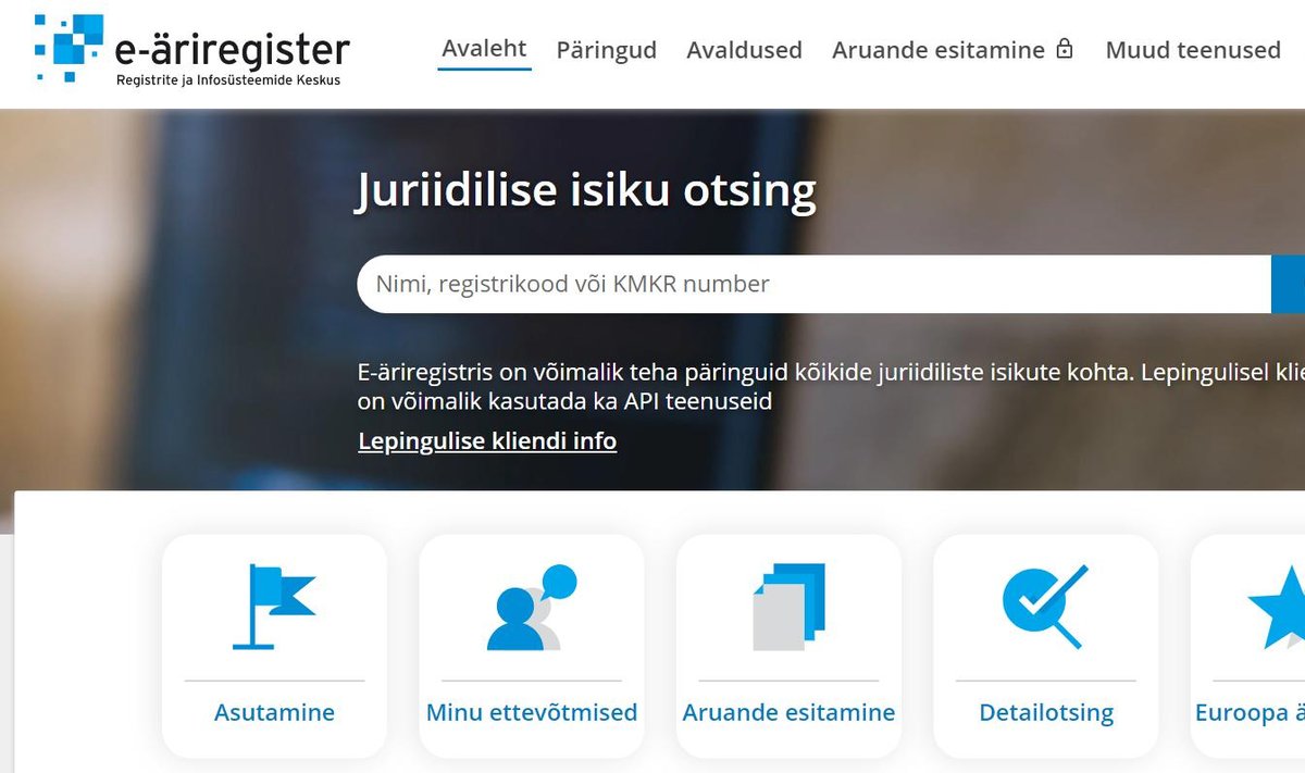 Kuvatõmmis Äriregistri kodulehelt