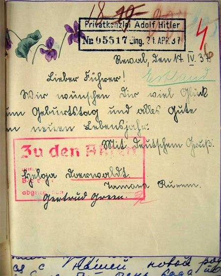 Armas Füürer!: Sünnipäevaõnnitlus Adolf Hitlerile Tallinna neidude poolt aprillis 1937. Eesti Riigiarhiiv. (repro)
