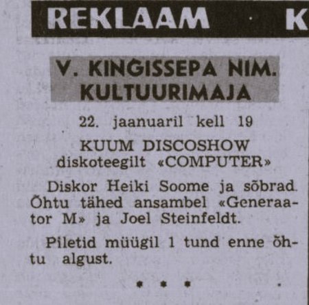 PUNK JA DISKO: Ühe Ida-Virumaa legendaarseima punk- ja diskoürituse reklaam ajalehes.