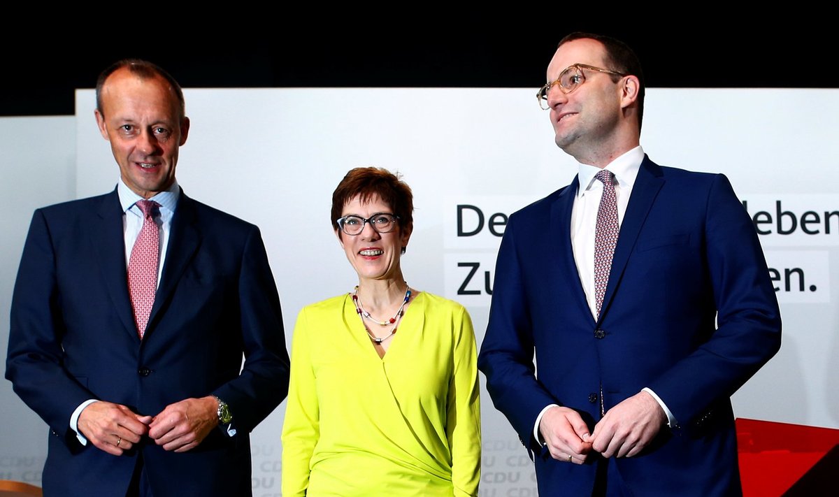 Järgmine Saksa liidukantsler selgub tõenäoliselt nende kolme hulgast: kümme aastat poliitikast eemal olnud Friedrich Merz (vasakul), CDU peasekretär Annegret Kramp-Karrenbauer ja praegune tervishoiuminister Jens Spahn. Mõlemad mehed on oma ligi kahe meetri pikkuse kasvuga Saksa ühed pikemad poliitikud.